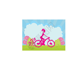 带环影女孩的自行车海报蓝色孩子喜悦锻炼幸福闲暇微笑运动乐趣训练图片
