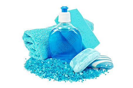 海绵和浴盐与肥皂蓝不同图片