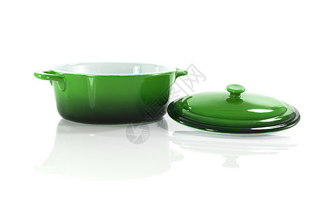 白纸上隔离的煎锅工具绿色沙锅耳朵厨房搪瓷工作室炒锅图片