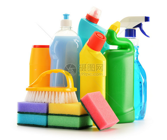 白色上隔离的洗涤剂瓶子 化学清洁用品刷子塑料卫生洗手间化学品消毒剂厨房清洁剂家政产品图片