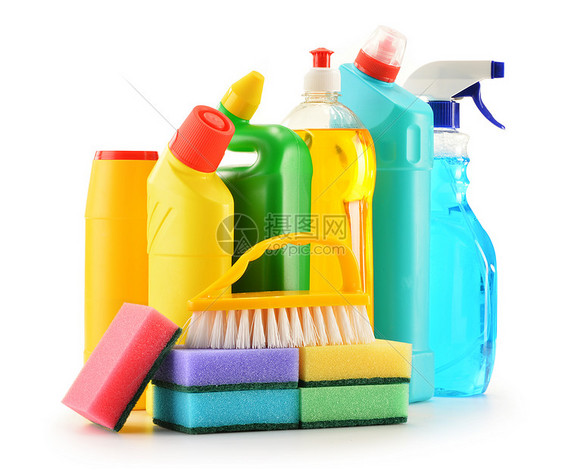 白色上隔离的洗涤剂瓶子 化学清洁用品塑料刷子洗碗厨房化学品洗手间卫生消毒剂打扫产品图片