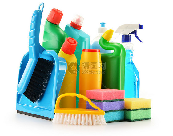 白色上隔离的洗涤剂瓶子 化学清洁用品刷子洗碗消毒剂打扫产品洗手间家政卫生厨房清洁剂图片