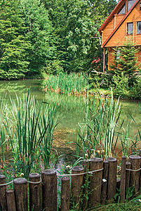 湖边美丽的木屋财产村庄销售风俗树木建筑反射国家木头住宅图片