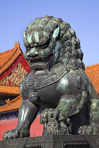中国北京紫禁城宫 青龙铜雕像Gugong城市红色建筑纪念碑装饰品铜像地标文化历史图片