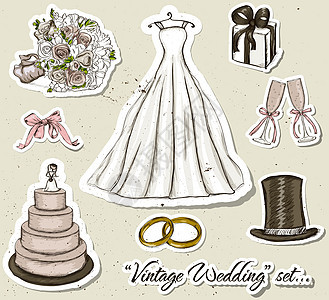 古老的婚礼套装衣服卡通片玫瑰收藏婚姻新娘帽子邀请函礼服边界背景图片