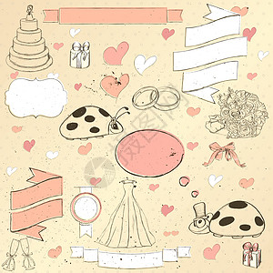 古老的婚礼套装框架婚姻玫瑰帽子花束蛋糕收藏礼帽礼服涂鸦图片