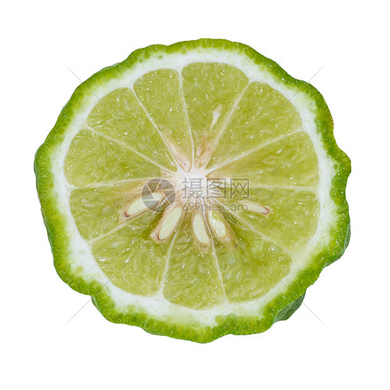 白色背景的Kaffir石灰控制异国头发绿色水果叶子皱纹草本植物治疗护发素图片