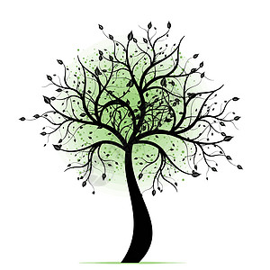 美美艺术树绿色叶子风格生长漩涡黑色装饰植物插图季节图片