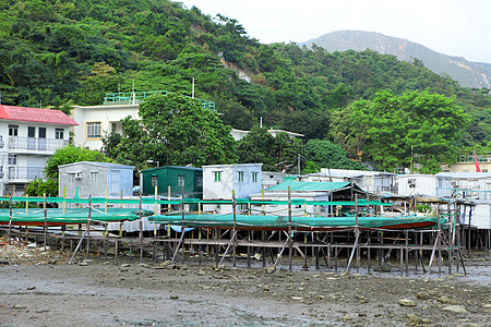 香港大O村渔村风化场景住宅天空棚户区木头窝棚蓝色房子旅行图片