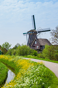 黄色风车荷兰风车天空蓝色建筑学旅行蓝天旋转气流旅游环境地标背景
