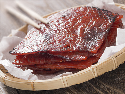 中国方圆篮子的中国bakkwa小吃烧烤八卦猪肉水平食物图片