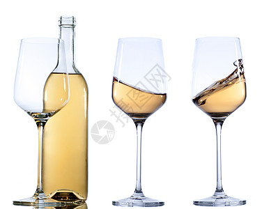 一套白葡萄酒在白色背景上的玻璃高脚杯小路液体剪裁饮料黄色酒精酒厂图片
