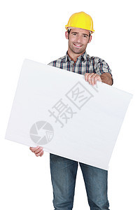 持有空白广告板的男性建筑工人(男建筑工人)图片