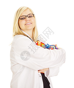 医生抱着一些礼物药品朋友们纪念日孩子们临床进步成功周年婚姻女士图片