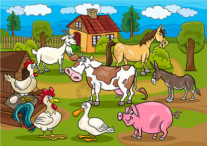 农村农场动物的乡村场景动画插图图片