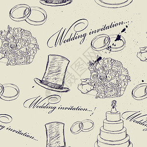 复古婚礼无缝纹理衣服戒指框架海报玫瑰已婚裙子捧花帽子婚姻图片