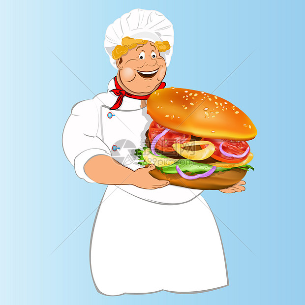 有趣的厨师和最好的大型传统汉堡包男人身体沙拉食谱小吃菜单老板服务手指小酒馆图片