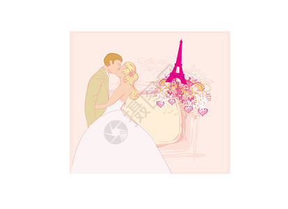 巴黎的浪漫情侣在埃菲尔铁塔附近接吻夫妻游客文化天空婚礼旅游日落热情国家场景图片