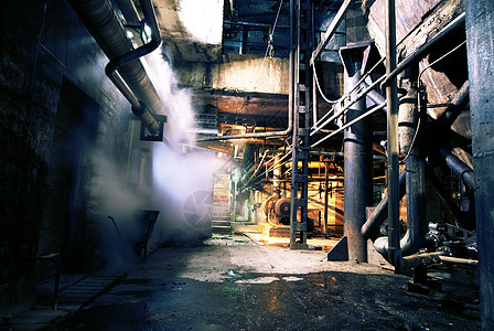 旧废弃工厂病房蓝色剥皮房屋仓库植物机构沥青墙壁阴影图片
