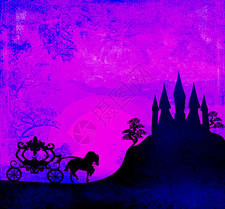 日落时的马车 一辆马车和一辆医疗机城堡王国绘画想像力插图公主云景独角兽童话图片