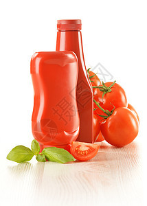 含番茄酱和白色分离的新鲜西红柿瓶子桌子蔬菜红色餐厅塑料肉汁厨房香料酱汁图片