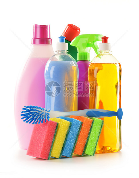 白色上隔离的洗涤剂瓶洁净刷子消毒瓶子洗手间塑料清洁剂产品卫生家政图片