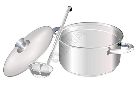 白色背景上的香肠和大勺子金属工具厨房美食灰色盖碗血管烹饪盘子餐具背景图片