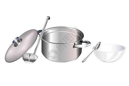 白色背景上的香肠和大勺子钢包用餐盘子餐具血管盖碗工具厨房金属烹饪背景图片