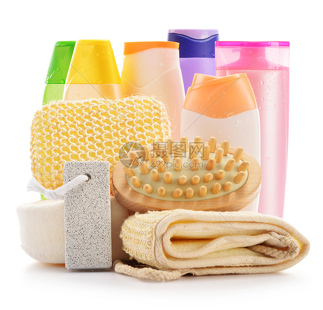 孤立在白色上的身体护理附件和美容产品收藏商品液体香水淋浴奶油浴室塑料凝胶洗剂图片