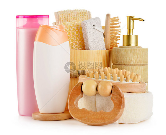 孤立在白色上的身体护理附件和美容产品头发团体淋浴奶油海绵润肤肥皂洗剂收藏浴室图片