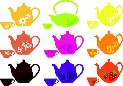 茶壶和含水果的杯子绘画早餐草本植物厨具饮料橙子花瓣茶点叶子插图图片