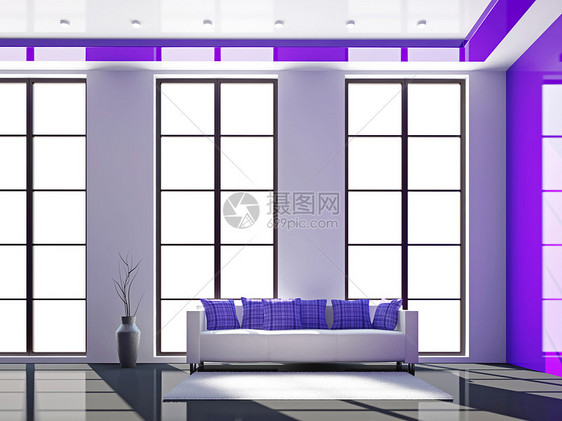 在客厅的白色沙发地毯座位房间装饰长椅时尚公寓地面紫色风格图片