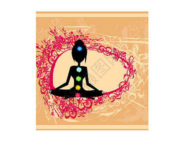 瑜伽莲的姿势 有彩色查克拉点的帕德马萨纳呼吸宗教身体女孩康复精神插图光环活力日落图片