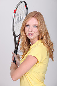 网球拍女孩女士微笑青少年工作室女性头发运动闲暇爱好白色图片