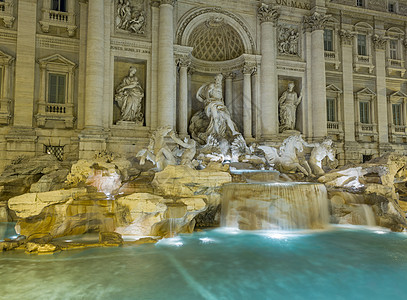 罗马夜景意大利罗马Trevi喷泉详情光灯大理石建筑海王星历史雕塑水池雕像观光地标背景
