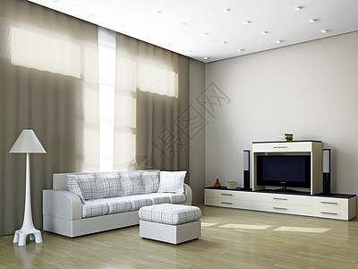 带家具和电视机的客厅生活休息室座位艺术电视喇叭地面窗户架子软垫图片