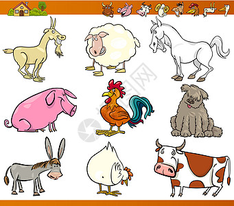 装有漫画插图的农场动物小马奶牛小屋山羊吉祥物牧羊犬快乐尾巴国家卡通片图片