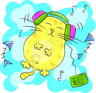 听耳机音乐的黄黄胖猫背景图片