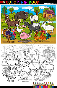用于涂色的卡通农场和畜牧动物漫画友谊吉祥物农村游戏卡通片牧场绘画团体母鸡图片