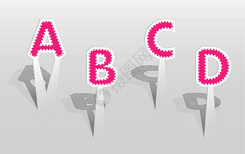 ABCD 字母说明灰色粉色纸板创造力白色贴纸阴影概念插图图片
