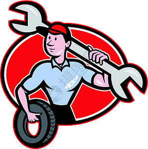 配有板炉和轮胎轮的机械扳手修理工插图零售商车轮工人工具卡通片男人男性图片