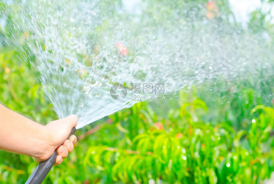 从水龙头中打水管工作浇水的花园手套工人植物群压力洒水器生长衬套边界软管工具图片