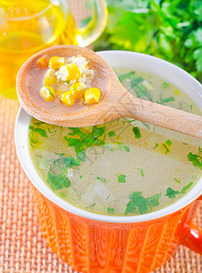 新鲜汤奶油餐厅香菜勺子玉米拓荒者午餐食物盘子金子图片