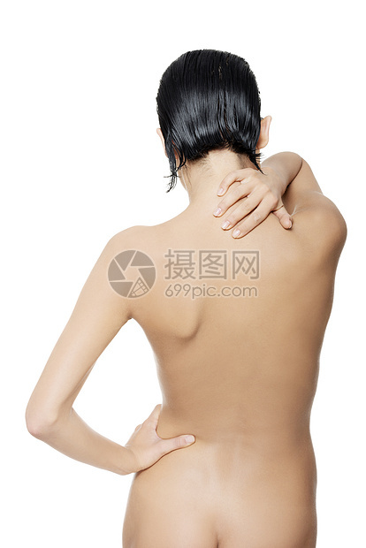 年轻女人背部疼得要命白色成人解剖学肌肉运动女士医疗手指科学女性图片