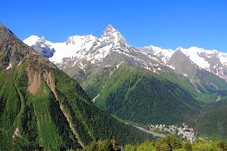 高加索山脉 Dombai旅行全景风景叶子首脑荒野石头木头冰川森林图片