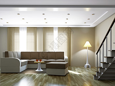 带沙发和一盏灯的客厅时尚风格楼梯阳光枕头长沙发建筑学梯子咖啡软垫图片