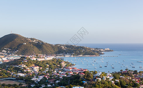 夏洛特阿马利亚圣托马斯的日落处女热带船只旅行支撑岛屿港口海岸全景沿海图片