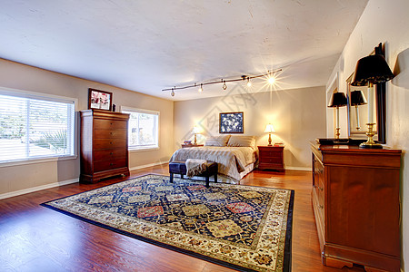大卧室 有硬木地板和两件梳妆台房间设计师房地产免版税摄影窗户建筑枕头房子家具图片