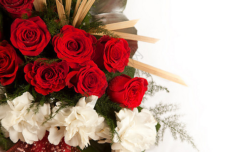 红花和白玫瑰花团植物礼物玫瑰问候语绿色植物紫色花束脆弱性花瓣纪念日图片