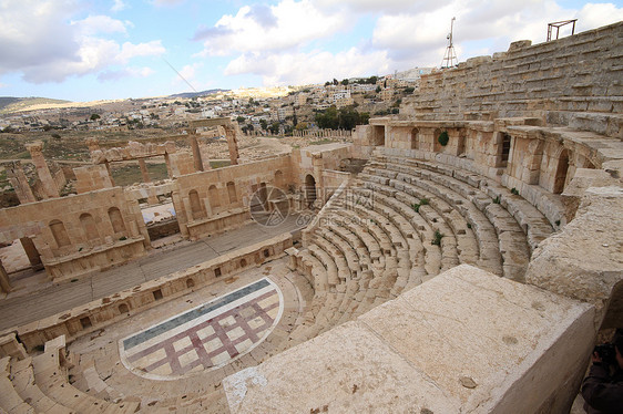 约旦贾拉什北剧院柱子废墟建筑学旅游石头文明剧院入口纪念碑考古学图片